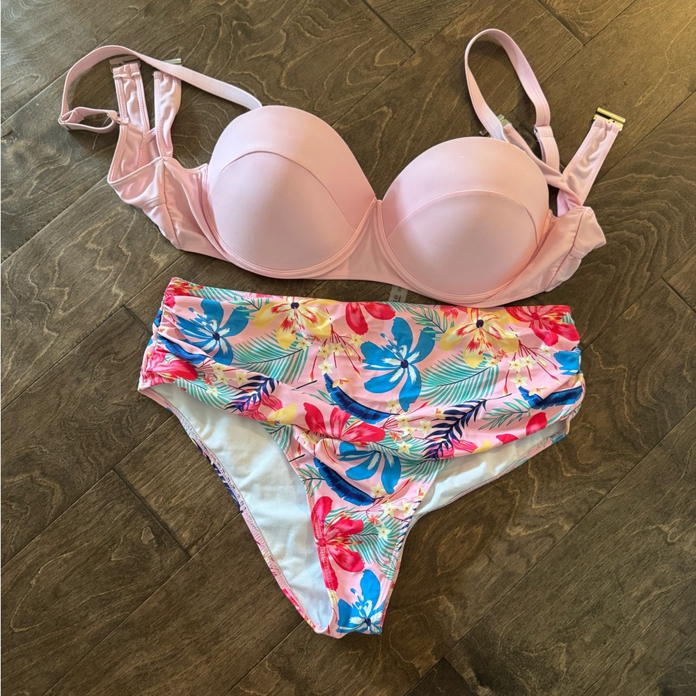 SHEIN Pink Bikini Set with Floral Bottoms